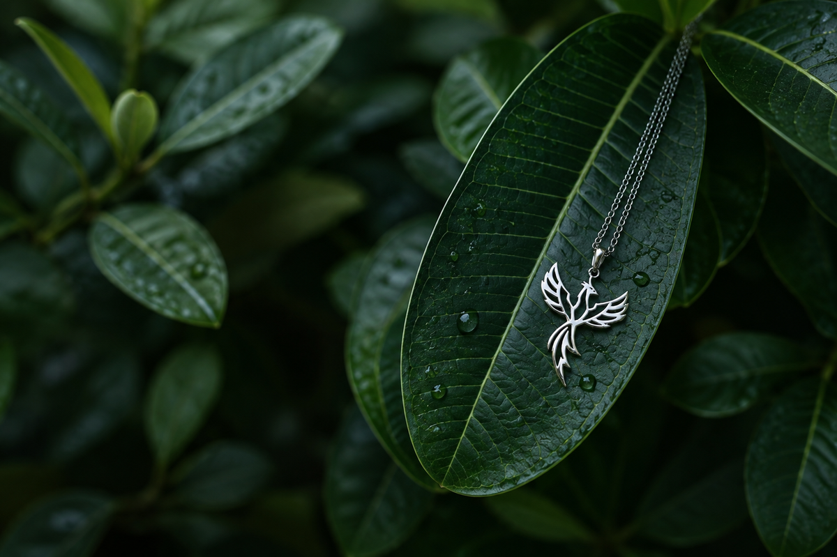 A silver-toned pendant necklace with a stylized bird or winged emblem hangs from a chain and rests on a glossy green leaf with water droplets, set against a blurred background of dark green foliage.